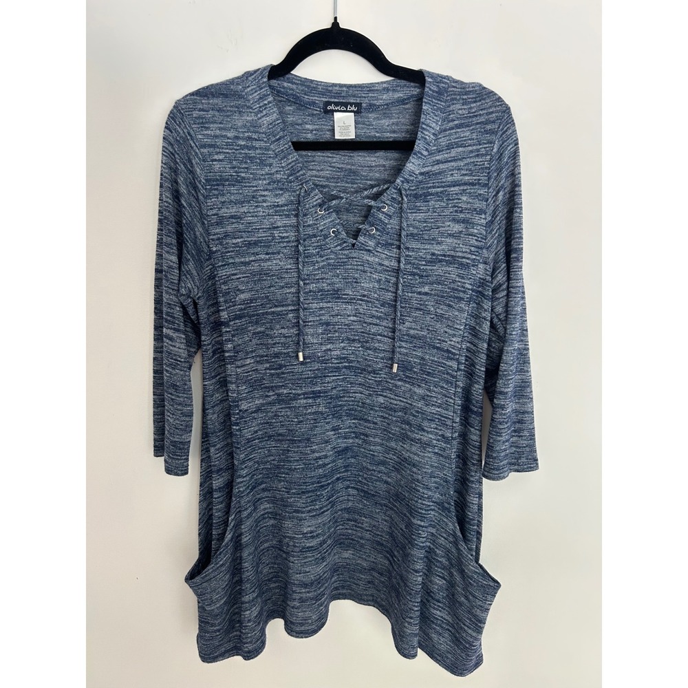 Olivia Blu Blue Space Dye Lace Up V-Neck Tunic comfortable Top Pockets Large